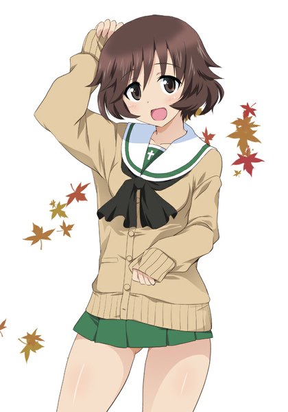 Anime picture 700x1000 with girls und panzer akiyama yukari ouhashi single tall image looking at viewer blush short hair open mouth black hair white background black eyes girl skirt uniform miniskirt serafuku leaf (leaves) sweater green skirt