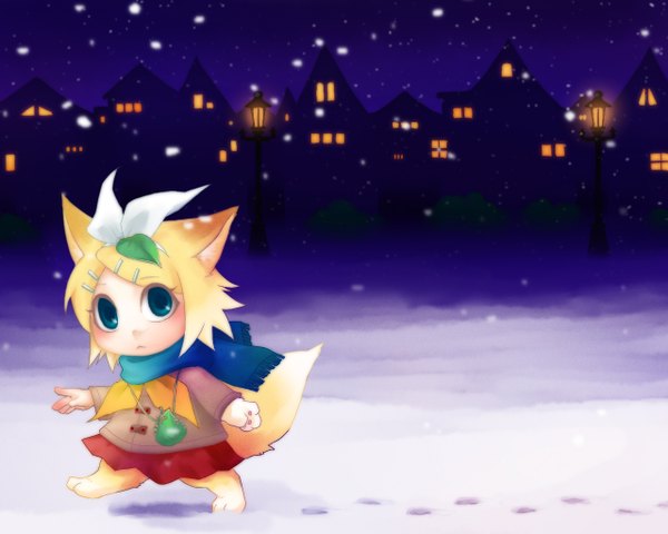 Anime picture 1280x1024 with vocaloid kagamine rin christmas winter chibi girl