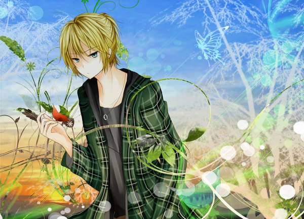 Anime picture 3096x2236 with vocaloid kagamine len highres short hair blue eyes blonde hair absurdres wallpaper boy plant (plants) pendant insect butterfly