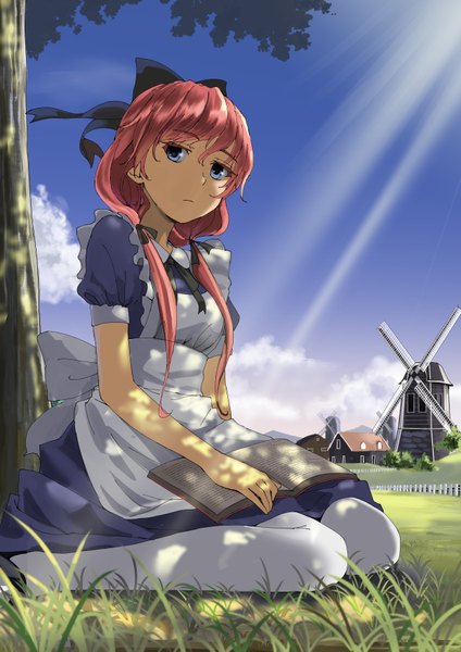 Anime picture 1240x1754 with original yoropa single long hair tall image looking at viewer fringe sitting twintails pink hair sky cloud (clouds) wind sunlight low twintails sunbeam girl bow ribbon (ribbons) plant (plants)
