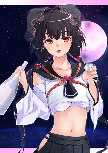 Anime picture 2480x3508 with original amasora taichi single long hair tall image looking at viewer highres open mouth light erotic black hair red eyes traditional clothes midriff girl navel detached sleeves moon alcohol sake choko (cup)