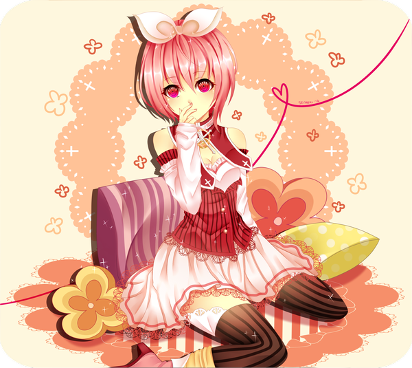 Anime picture 1700x1517 with original seishiki (artist) single short hair pink hair pink eyes finger to mouth girl thighhighs skirt bow hair bow detached sleeves striped thighhighs cross