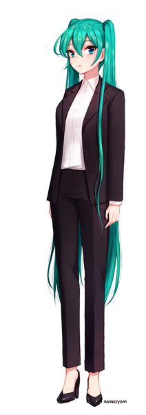 Anime picture 707x2000 with vocaloid hatsune miku ango single tall image fringe blue eyes simple background hair between eyes standing white background twintails signed full body very long hair aqua hair formal girl suit