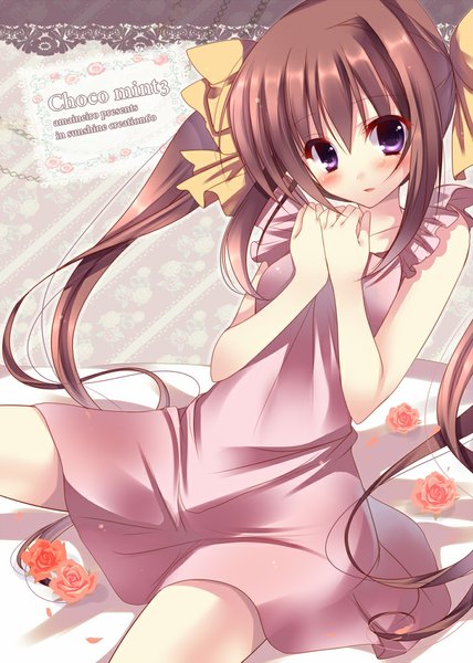 Anime picture 714x1000 with original amane ruri single long hair tall image looking at viewer blush brown hair purple eyes twintails girl dress bow hair bow