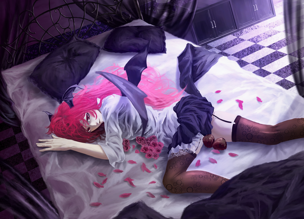 Anime picture 1500x1080 with touhou koakuma akaikitsune single long hair looking at viewer fringe red eyes red hair indoors lying parted lips dutch angle on stomach black wings checkered floor bat wings head wings girl thighhighs
