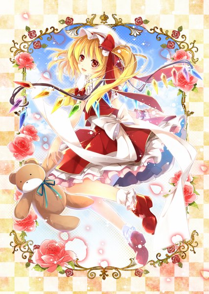 Anime picture 1481x2080 with touhou flandre scarlet mochizuki shiina single long hair tall image open mouth blonde hair red eyes looking back one side up girl dress flower (flowers) bow hair bow frills rose (roses) toy stuffed animal