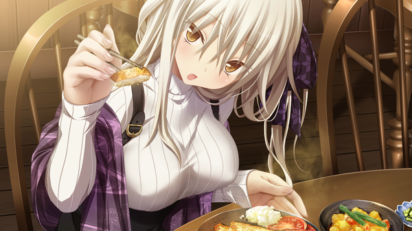 Anime picture 1280x720 with amatsutsumi purple software koizuka mana single long hair looking at viewer blush open mouth wide image brown eyes game cg white hair girl dress ribbon (ribbons) hair ribbon food