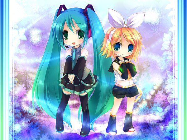 Anime picture 1024x768 with vocaloid hatsune miku kagamine rin chibi girl