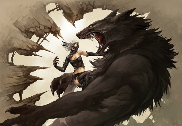 Anime picture 1024x712 with original sandara yellow eyes white hair pointy ears teeth midriff fang (fangs) saliva battle werewolf girl monster claws