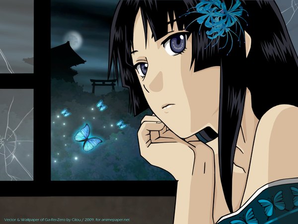 Anime picture 1600x1200 with ga-rei zero isayama yomi black hair signed close-up insect butterfly moon