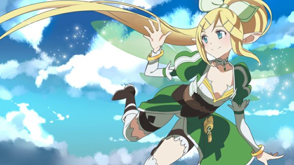Anime picture 1000x563 with sword art online vocaloid a-1 pictures kagamine rin leafa 1hayu long hair blue eyes blonde hair smile wide image cloud (clouds) ponytail pointy ears cosplay leafa (cosplay) girl thighhighs dress weapon