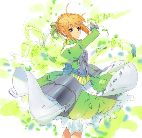 Anime picture 1401x1368 with fate (series) fate/zero type-moon artoria pendragon (all) saber single blonde hair green eyes girl dress armor leaf (leaves)