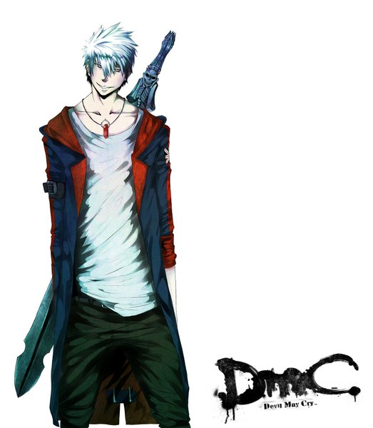 Anime picture 1785x2048 with devil may cry dante (devil may cry) tagme (artist) single tall image looking at viewer highres short hair white hair light smile inscription twisty sleeves boy weapon sword necklace t-shirt