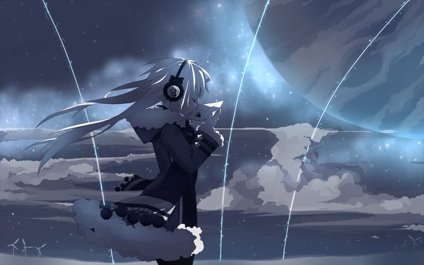 Anime picture 1920x1200 with original mizushirazu long hair highres wide image sky cloud (clouds) eyes closed night headphones coat planet envelope