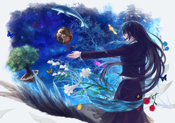 Anime picture 1200x840 with original robinexile long hair blue eyes purple hair from behind outstretched arm floating island girl skirt flower (flowers) plant (plants) animal tree (trees) bird (birds) rose (roses) insect butterfly feather (feathers) fish (fishes)