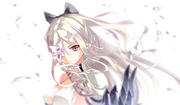 Anime picture 1600x943 with drakengard zero (drag-on dragoon) arms ai single long hair breasts simple background wide image white background purple eyes white hair close-up flower over eye girl gloves flower (flowers) bow hair bow petals