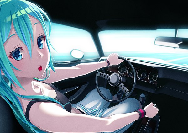 Anime picture 1000x707 with vocaloid hatsune miku hamada youho single long hair looking at viewer blush fringe breasts open mouth hair between eyes sitting looking back aqua eyes aqua hair outstretched arm car interior girl shoes crop top