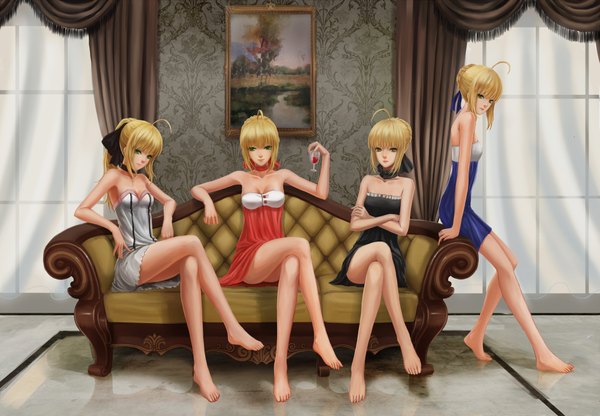 Anime picture 2000x1388 with fate (series) fate/stay night fate/extra fate/unlimited codes studio deen type-moon artoria pendragon (all) saber nero claudius (fate) (all) saber alter nero claudius (fate) saber lily infukun highres short hair blonde hair sitting multiple girls green eyes ahoge