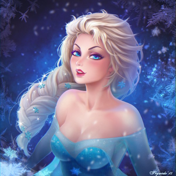 Anime picture 2000x2000 with frozen (disney) disney elsa (frozen) olga narhova single long hair looking at viewer blush highres breasts blue eyes blonde hair bare shoulders signed braid (braids) parted lips lips realistic teeth lipstick