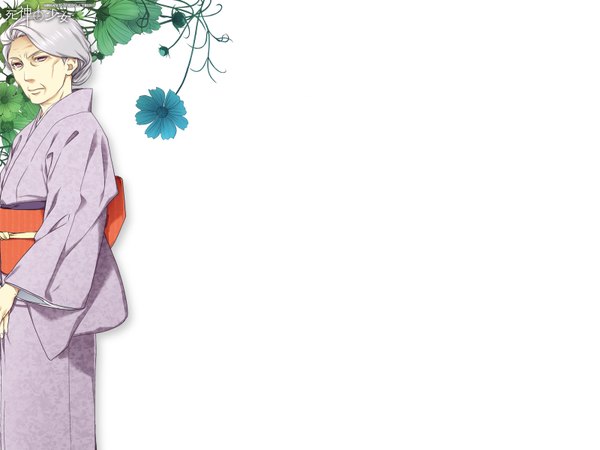 Anime picture 1600x1200 with shinigami to shojo single simple background white background japanese clothes grey hair inscription hieroglyph flower (flowers) kimono obi