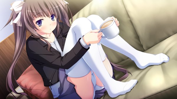 Anime picture 1280x720 with hapymaher purple software hirasaka keiko tsukimori hiro long hair blue eyes light erotic brown hair wide image twintails game cg girl thighhighs skirt uniform underwear panties bow hair bow school uniform