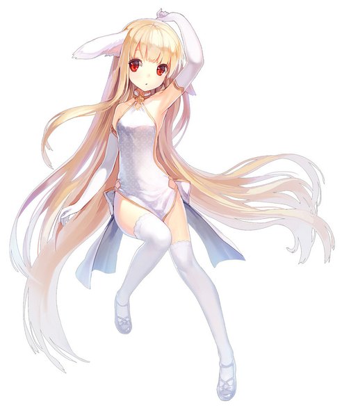 Anime picture 812x990 with original ritsuki single tall image blush fringe light erotic blonde hair simple background red eyes white background bare shoulders animal ears payot looking away bent knee (knees) very long hair parted lips arm up :o