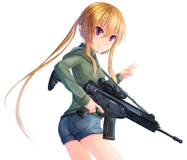 Anime picture 1600x1371 with original jessica jefferson dreadtie single long hair looking at viewer blonde hair white background twintails pink eyes victory girl weapon shorts gun