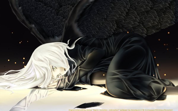 Anime picture 1920x1200 with shiina yuu chanelqueen17 long hair highres wide image yellow eyes white hair girl wings