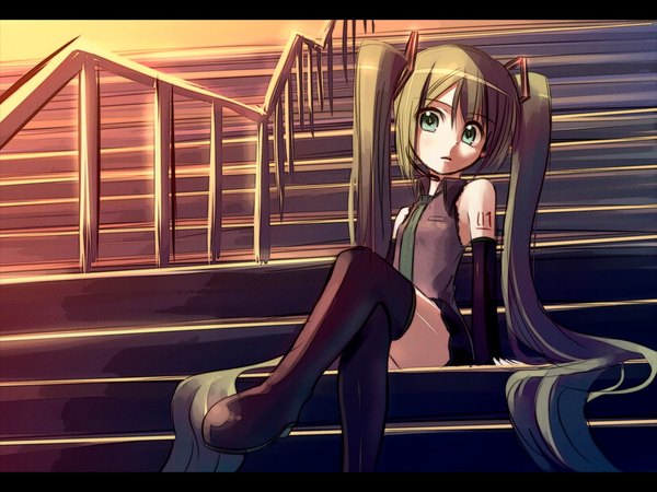 Anime picture 1024x768 with vocaloid hatsune miku kakaon single twintails zettai ryouiki crossed legs girl thighhighs