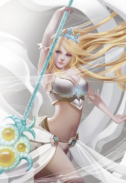 Anime picture 827x1203 with league of legends janna windforce long5009 single long hair tall image breasts blue eyes light erotic blonde hair looking away lips realistic bare belly armpit (armpits) girl navel staff tiara