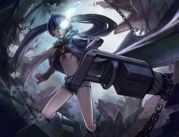 Anime picture 1024x785 with black rock shooter black rock shooter (character) yukiusagi1983 single long hair blue eyes twintails blue hair glowing scar glowing eye (eyes) girl navel weapon shorts gun short shorts thigh boots chain cloak