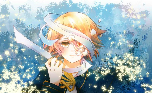 Anime picture 1500x920 with vocaloid oliver single looking at viewer blush highres short hair blonde hair wide image yellow eyes bandage over one eye boy flower (flowers) petals bandage (bandages)