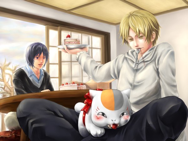 Anime picture 1600x1200 with natsume yuujinchou brains base (studio) natsume takashi madara (nyanko-sensei) tanuma kaname v-sil blush short hair open mouth blue eyes black hair blonde hair sitting yellow eyes multiple boys mouth hold eating boy ribbon (ribbons) plant (plants)