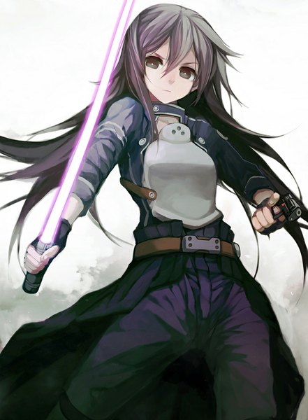 Anime picture 736x1000 with sword art online a-1 pictures kirigaya kazuto zen33n single long hair tall image fringe brown hair standing white background holding brown eyes wind blurry girl gloves weapon sword black gloves
