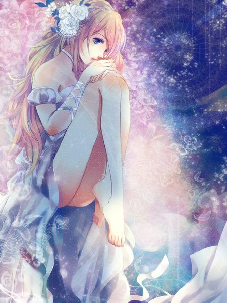 Anime picture 1000x1333 with original toryufu single long hair tall image blue eyes blonde hair bare shoulders barefoot hair flower hands clasped girl dress hair ornament flower (flowers) ribbon (ribbons) petals choker rose (roses) leaf (leaves)
