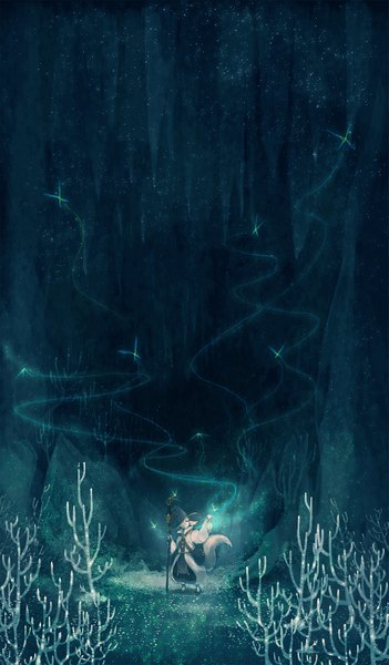 Anime picture 1039x1772 with original pixiv fantasia pixiv fantasia iv aohato (artist) tall image animal ears tail light plant (plants) witch hat staff lantern cave