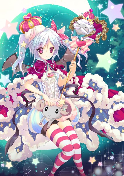 Anime picture 1000x1412 with original shiwasu horio single long hair tall image looking at viewer smile red eyes twintails silver hair loli girl thighhighs dress wings star (symbol) striped thighhighs