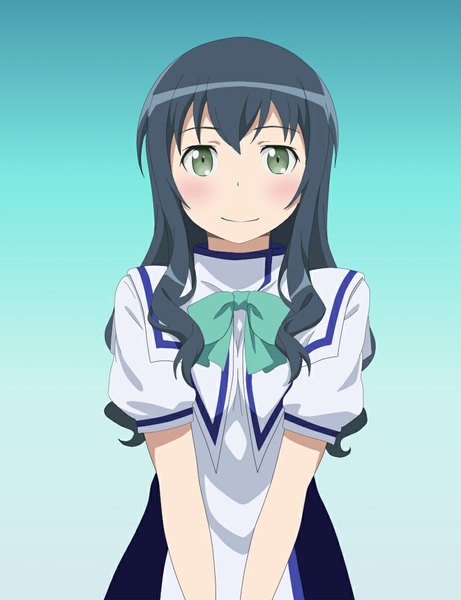 Anime picture 800x1040 with ore no imouto ga konna ni kawaii wake ga nai makishima saori manamin single long hair tall image looking at viewer blush smile green eyes blue hair girl dress uniform school uniform