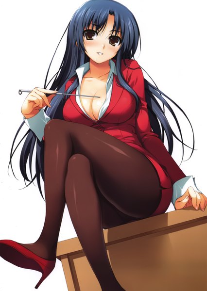 Anime picture 4789x6741 with original tomose shunsaku single long hair tall image looking at viewer blush highres breasts light erotic brown eyes blue hair absurdres cleavage scan official art crossed legs teacher girl pantyhose