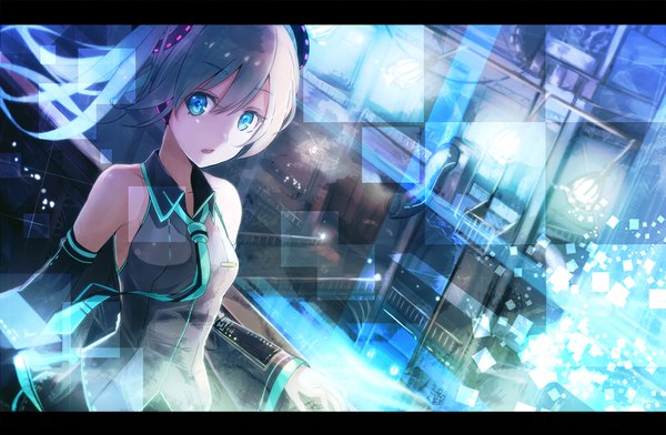 Anime picture 1000x654 with vocaloid hatsune miku nakaichi (ridil) single long hair looking at viewer fringe breasts open mouth blue eyes hair between eyes twintails aqua hair wide sleeves open collar girl detached sleeves necktie