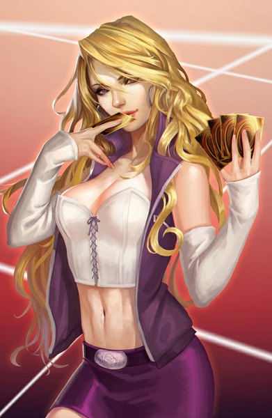 Anime picture 652x1000 with yu-gi-oh! noa ikeda single long hair tall image looking at viewer breasts blonde hair purple eyes bare belly wavy hair lacing girl skirt navel detached sleeves earrings vest card (cards)
