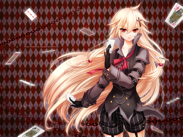 Anime picture 1200x900 with original zenithomocha single long hair looking at viewer blonde hair twintails signed orange eyes rhombus girl gloves hair ornament ribbon (ribbons) shorts belt hairclip chain cross card (cards)