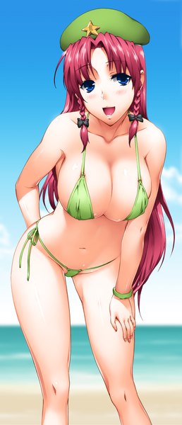 Anime picture 1024x2381 with touhou hong meiling byeontae jagga single long hair tall image looking at viewer blush fringe breasts open mouth blue eyes light erotic large breasts red hair braid (braids) legs twin braids happy girl