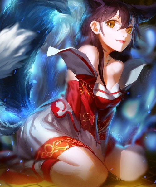 Anime picture 1200x1440 with league of legends ahri (league of legends) daible single long hair tall image looking at viewer fringe breasts black hair smile hair between eyes sitting bare shoulders brown eyes signed animal ears payot bent knee (knees) tail