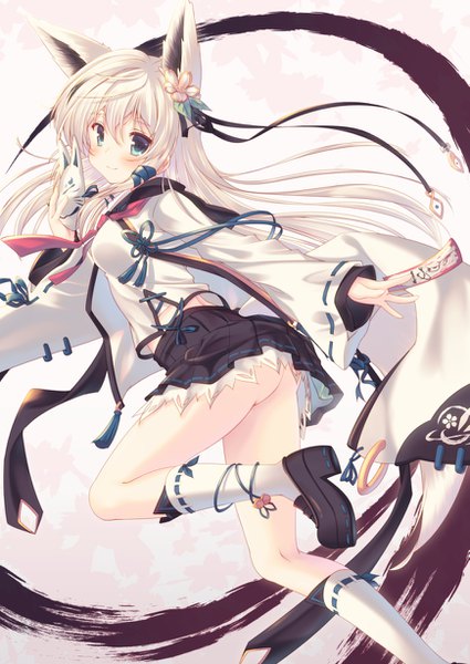 Anime picture 869x1228 with original misaki yuu (dstyle) single long hair tall image blush fringe light erotic smile hair between eyes holding animal ears bent knee (knees) ass white hair tail animal tail pleated skirt hair flower wide sleeves