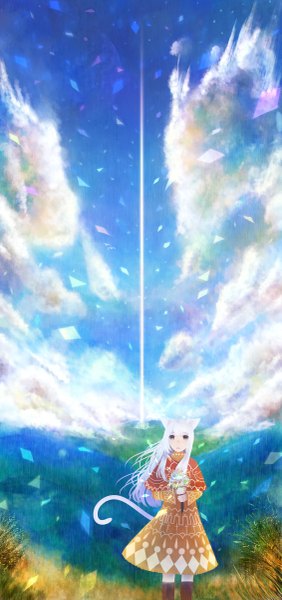 Anime picture 1131x2400 with original bounin single long hair tall image animal ears absurdres sky cloud (clouds) white hair black eyes cat ears cat tail girl plant (plants) grass bouquet