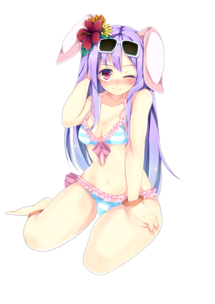 Anime picture 2480x3507 with touhou reisen udongein inaba satomachi single long hair tall image blush highres light erotic red eyes purple hair one eye closed hair flower wink bunny ears transparent background girl navel hair ornament swimsuit