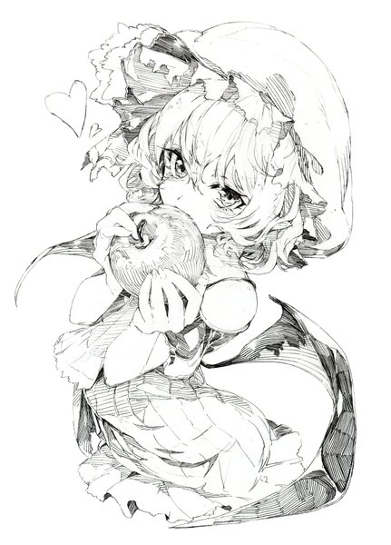 Anime picture 1564x2177 with touhou remilia scarlet oshake single tall image looking at viewer short hair simple background white background monochrome eating sketch girl dress food heart bonnet fruit apple