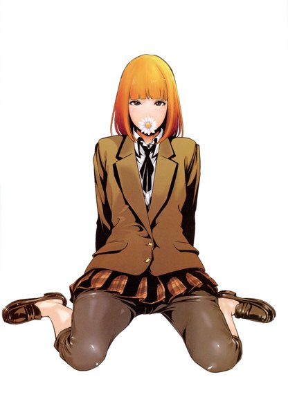 Anime picture 1200x1729 with kangoku gakuen midorikawa hana akira hiramoto single tall image looking at viewer short hair simple background white background brown eyes scan orange hair official art girl skirt uniform flower (flowers) school uniform miniskirt leggings