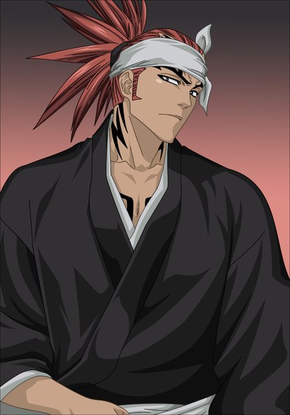 Anime picture 1400x1998 with bleach studio pierrot abarai renji morrow single tall image simple background ponytail red hair traditional clothes japanese clothes tattoo gradient background boy yukata bandana